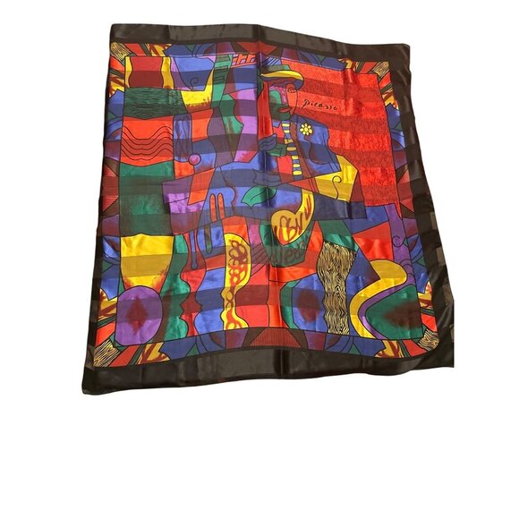 Picasso-Inspired Silk Scarf With Bold Abstract Print & Black Border - Picture 1 of 4